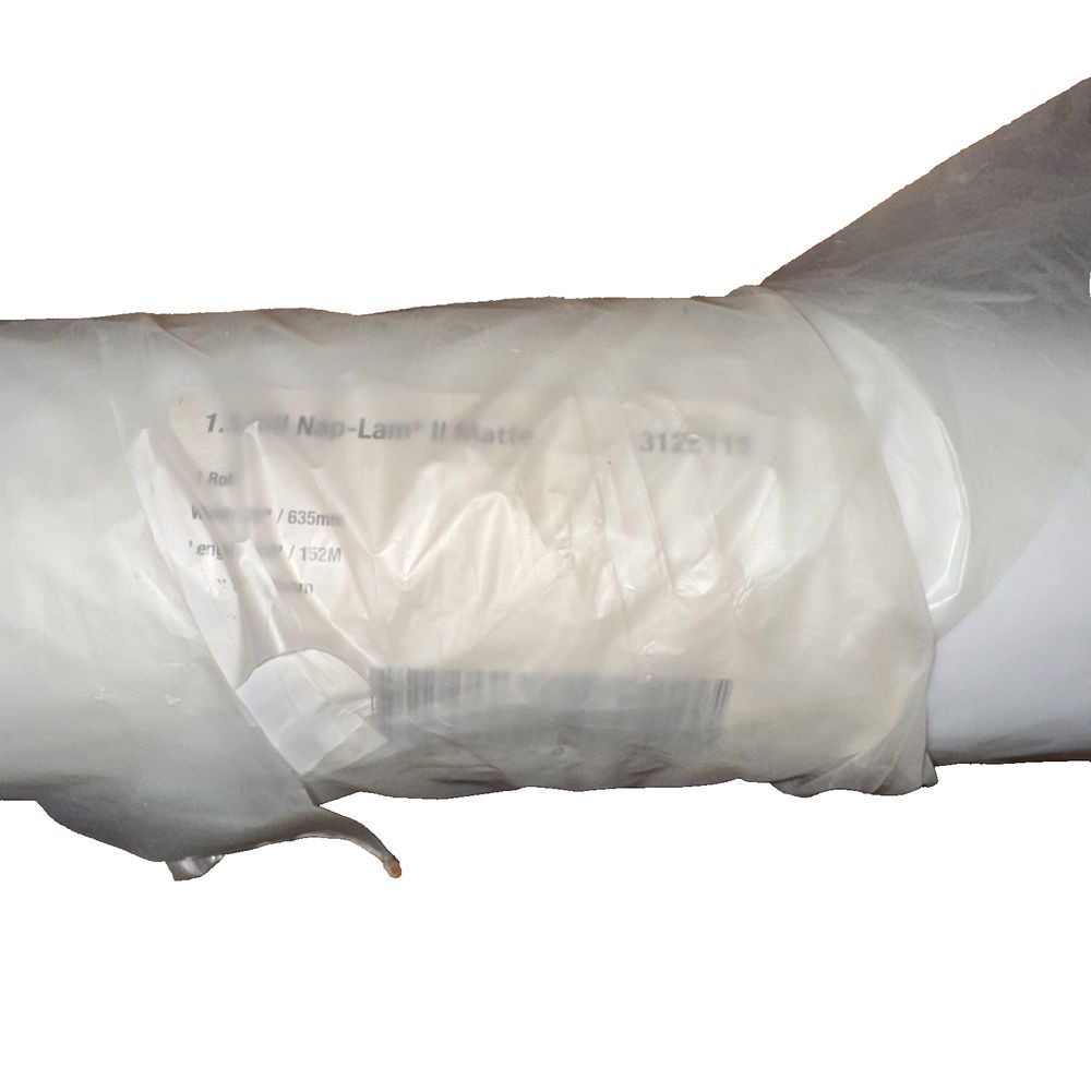 Laminating Film, Thermal, 1.5 Mil, Nap-Lam II Matte Roll, 25" x 500, GBC – a bag of plastic wraps on a white background