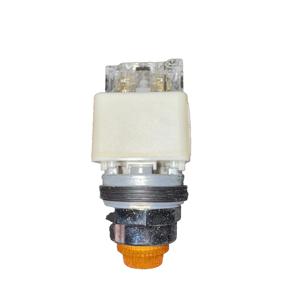 Push-to-test pilot light, Harmony 9001K, metal, polycarbonate, fresnel lens, amb, Schneider Electric – a white light bulb with a yellow lig…