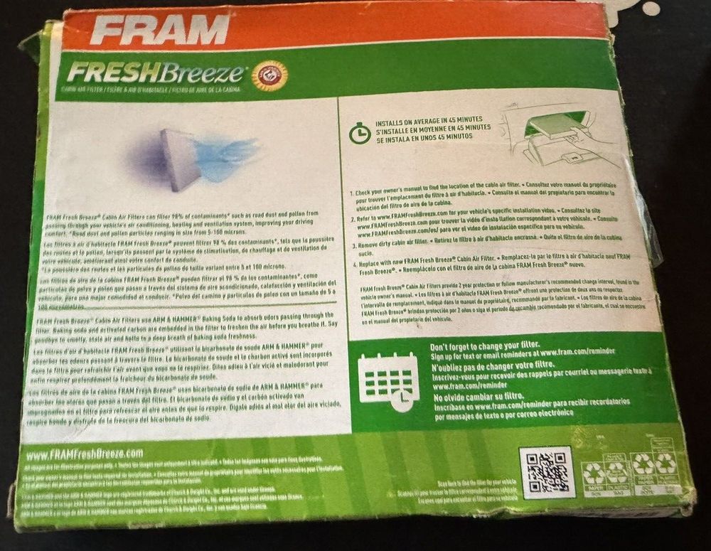 FRAM Fresh Breeze Cabin Air Filter CF10728 with Arm & Hammer Baking Soda, for Se – a box of fresh breeze