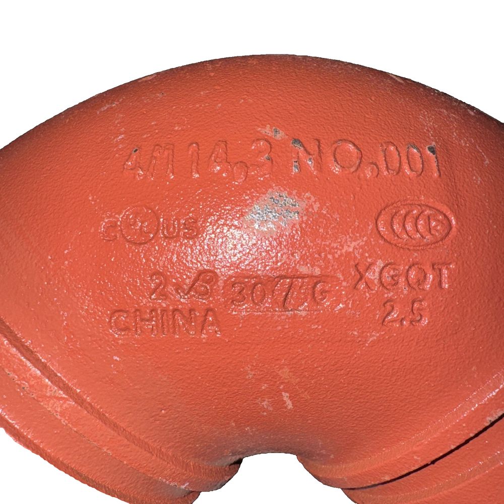 Victaulic Firelock Style 001 4/14,3 90-Degree Elbow Grooved End Pipe Fitting – a red pipe with the words, ' ' ' ' and ' ' '