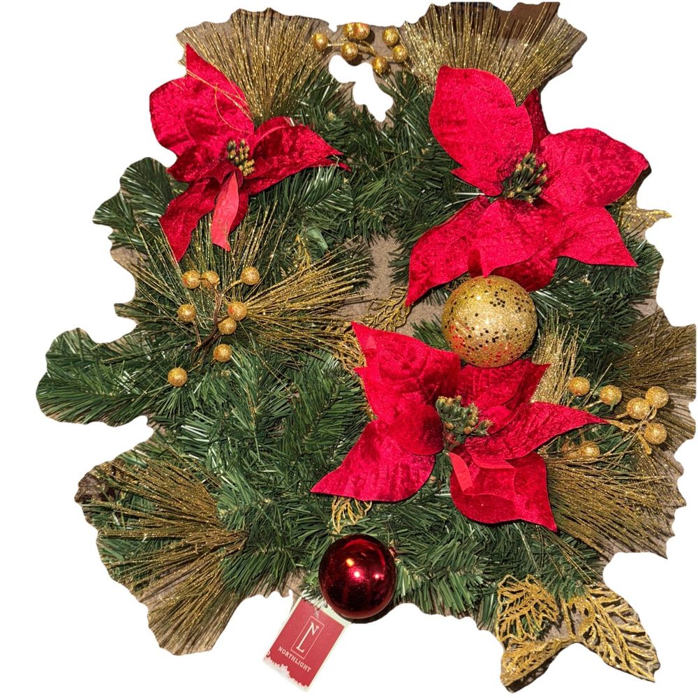 Northlight Poinsettias and Ball Ornaments Artificial Christmas Wreath - 24" - Un – a christmas wreath with poins and gold ornaments