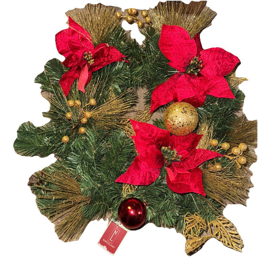 Northlight Poinsettias and Ball Ornaments Artificial Christmas Wreath - 24" - Un – a christmas wreath with poins and gold ornaments