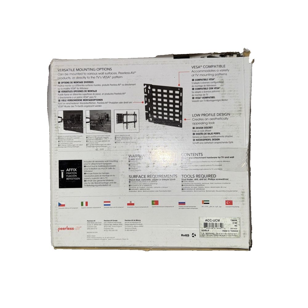 Peerless-AV Universal AV Component Mount – a box of a black and white box with a white label