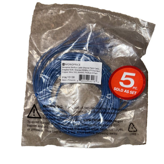 Monoprice Cat6A 7ft Blue 5-Pk Patch Cable, UTP, 30AWG, 10G, Pure Bare Copper – 5m blue cable for thermc