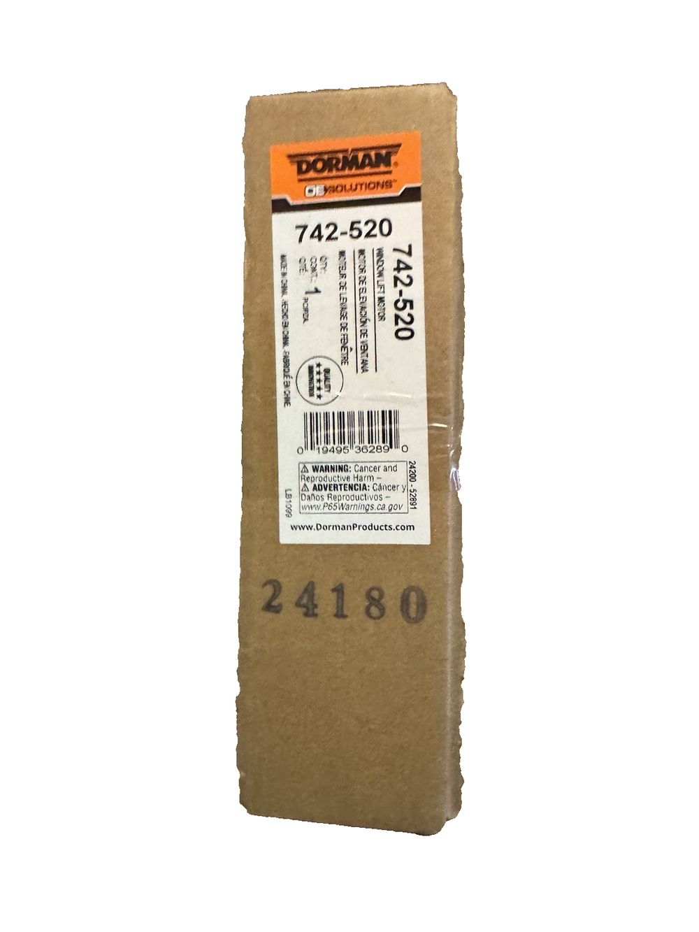 Dorman 742-520 - Power Window Lift Motor – a brown cardboard box with a label on it