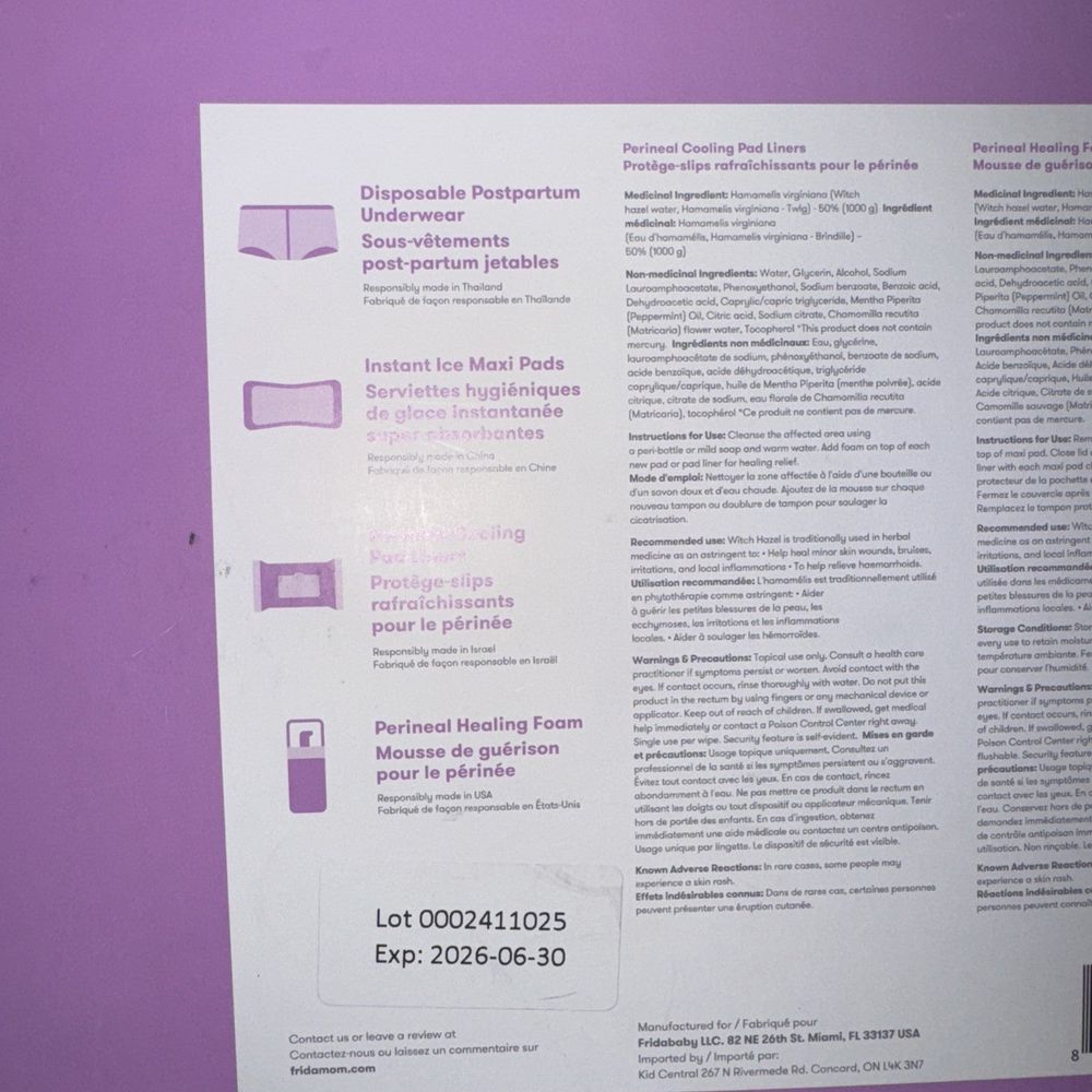 Frida Mom - Postpartum Recovery Essentials Kit EXP-2026-06-30 – a purple wall with a white sign on it