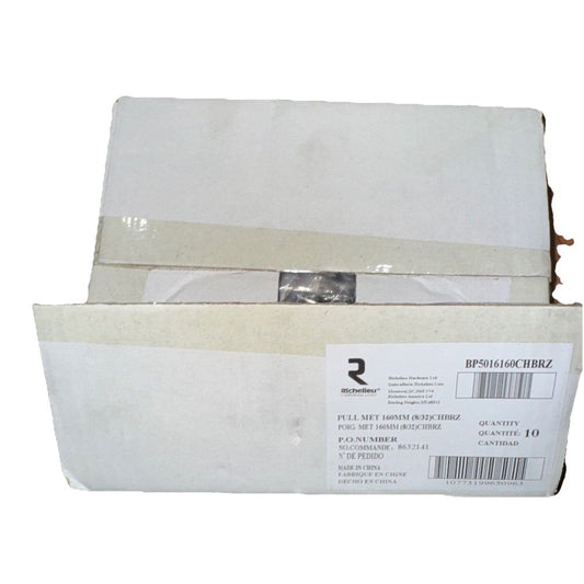 Richelieu Hardware - Contemporary Metal Pull - BP5016160CHBRZ 10 Pack 160MM, DaveyDooDeals – a box of white paper with a white stripe