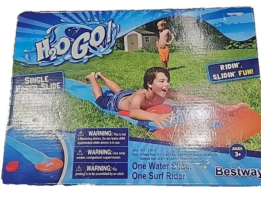 Bestway H2O GO Inflatable Kids Slip and Slide with Drench Pool - New in Box – a box of water toys with a boy laying on it