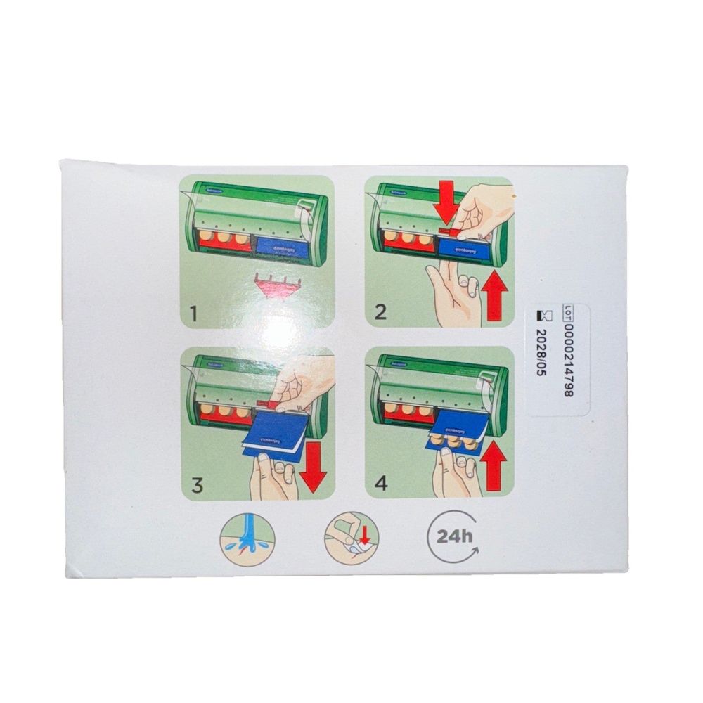 SALVEQUICK FABRIC BANDAGE REFILLS (6 x 36/PACK) – a picture of a hand holding a green and blue box