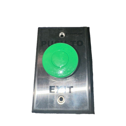 Seco-Larm SD-7201GC-PEQ Stainless Steel Push-to-Exit Plate, Single Gang, Enforcer – a green button on a white background
