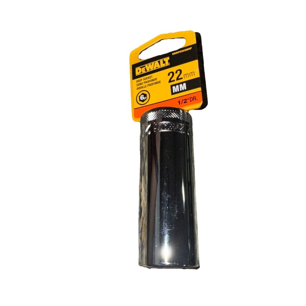 DEWALT 1/2" 6 PT Deep Socket 22MM – a black and yellow tape with a white background