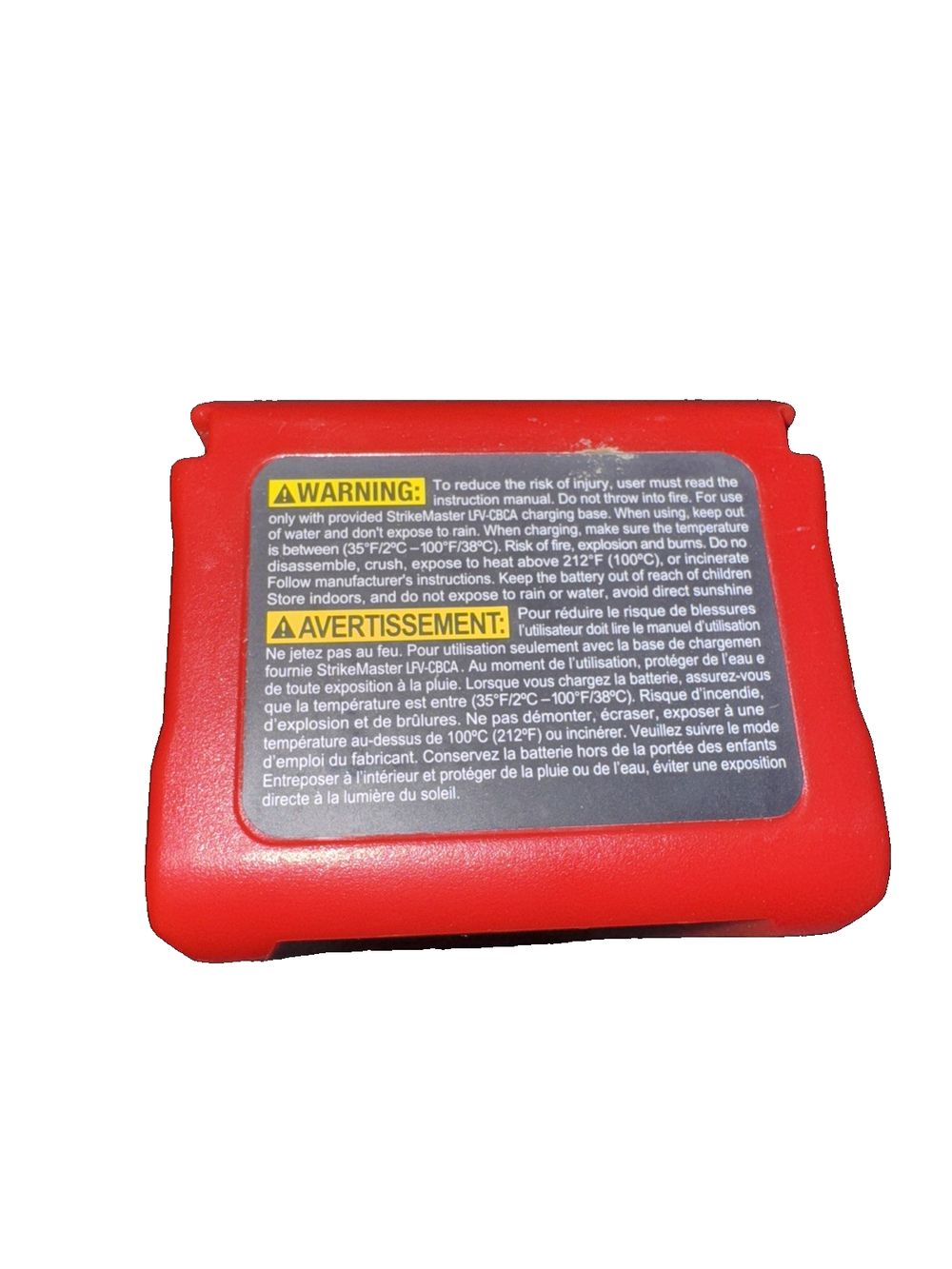 Strike Master Lithium 40v Battery Ice Auger Replacement Batter – a red battery with a yellow label on it