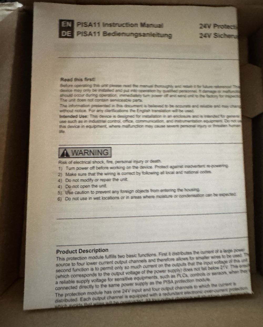 Puls PISA11.401 Protection Module Master Electronics – a box with a paper label on it