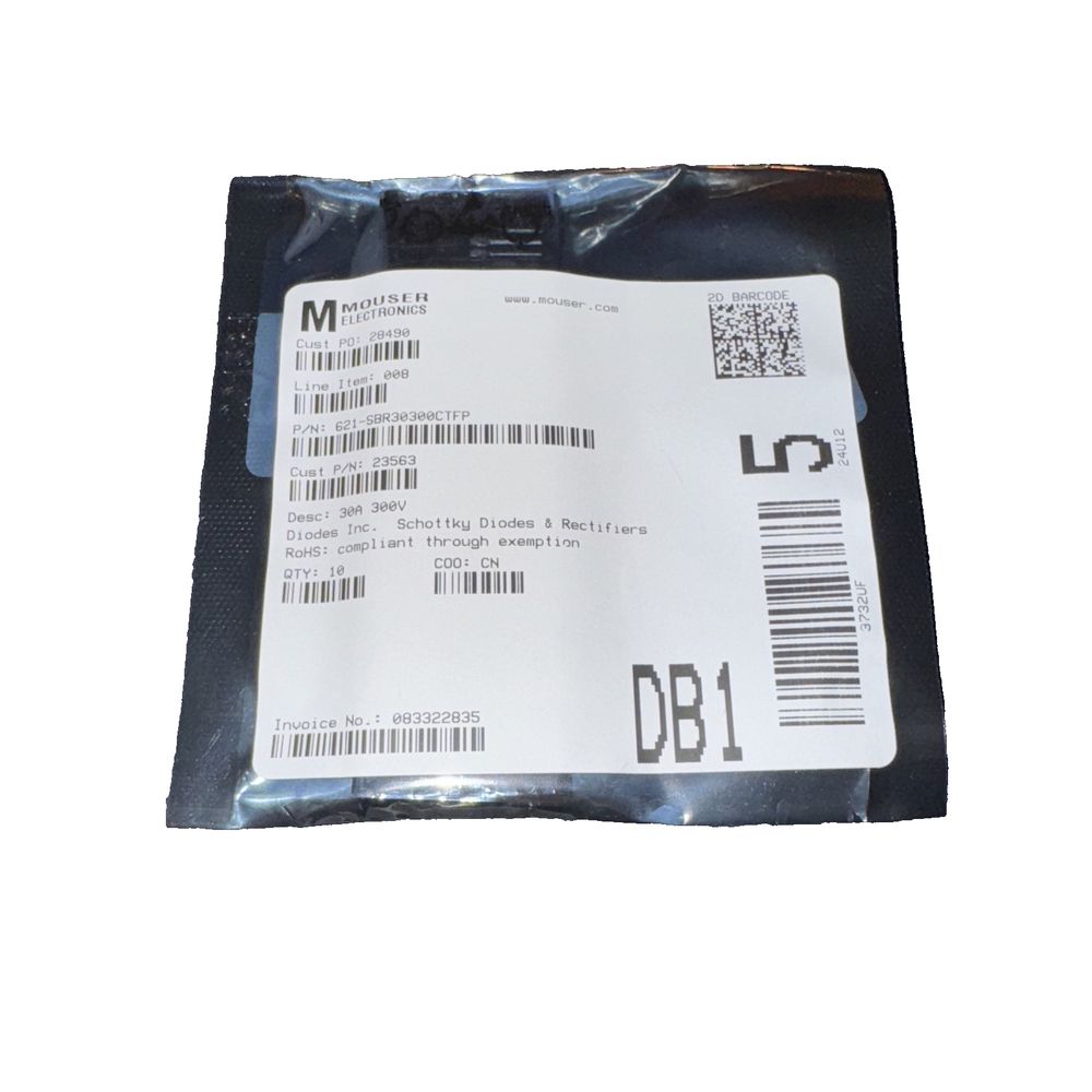 621-SBR30300CTFP Diodes INC 10 Pack, Mouser Electronics – a white label with a barcode on it