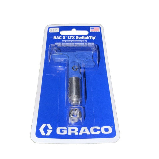 .017" Graco LTX517 RAC X Reversible Switch Tip, Fan Width 10" - 12" – a blue plastic tool with a white handle