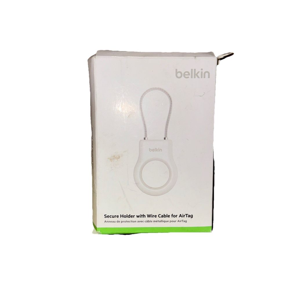 Belkin Secure Holder with Wire Cable for AirTag – a box with a white cable in it