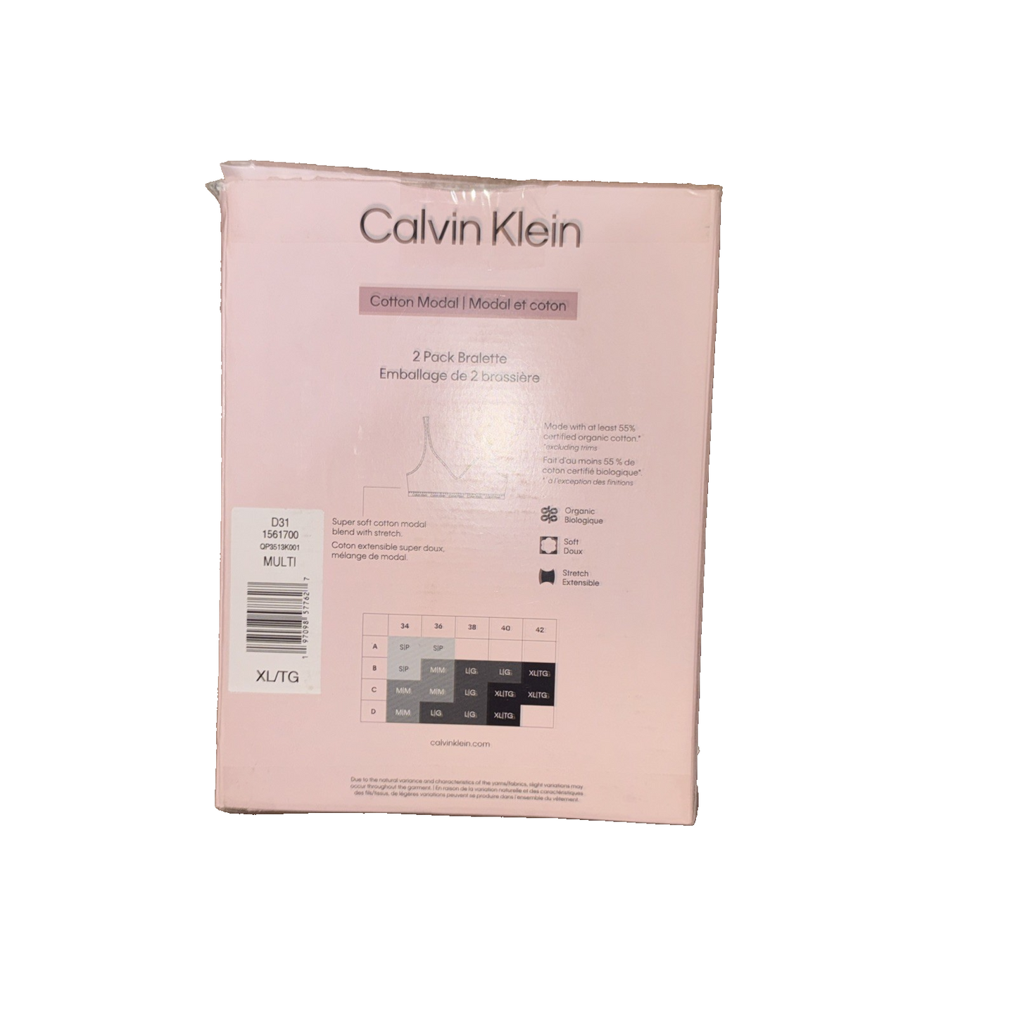 Calvin Klein 2 Pack Bralette Cotton Modal Black SIze Extra Large