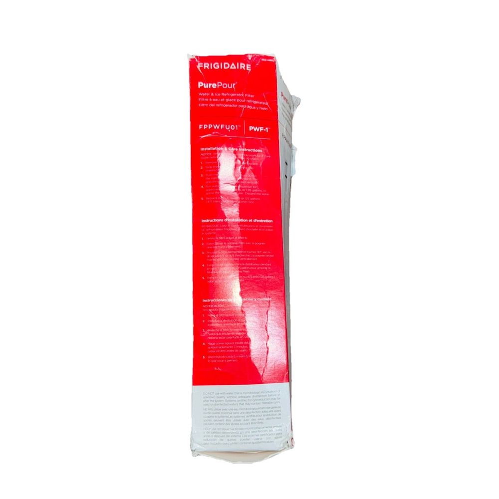 Frigidaire FPPWFU01 PurePour PWF-1 Water Damaged Packaging – a tube of red liquid on a white background