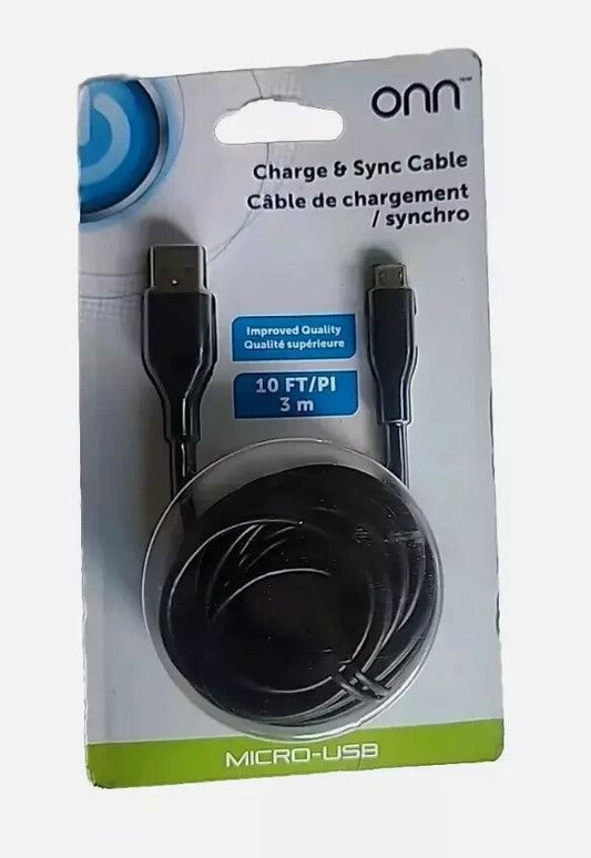 onn. USB-A to Micro USB Charge Cable 10FT/3m - Hi-Speed Certified – a black cable with a white background