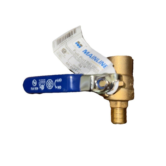 Mainline Full port Ball Valve 3/4": Pex-Sweat-Solder, DaveyDooDeals – a brass valve with a blue handle
