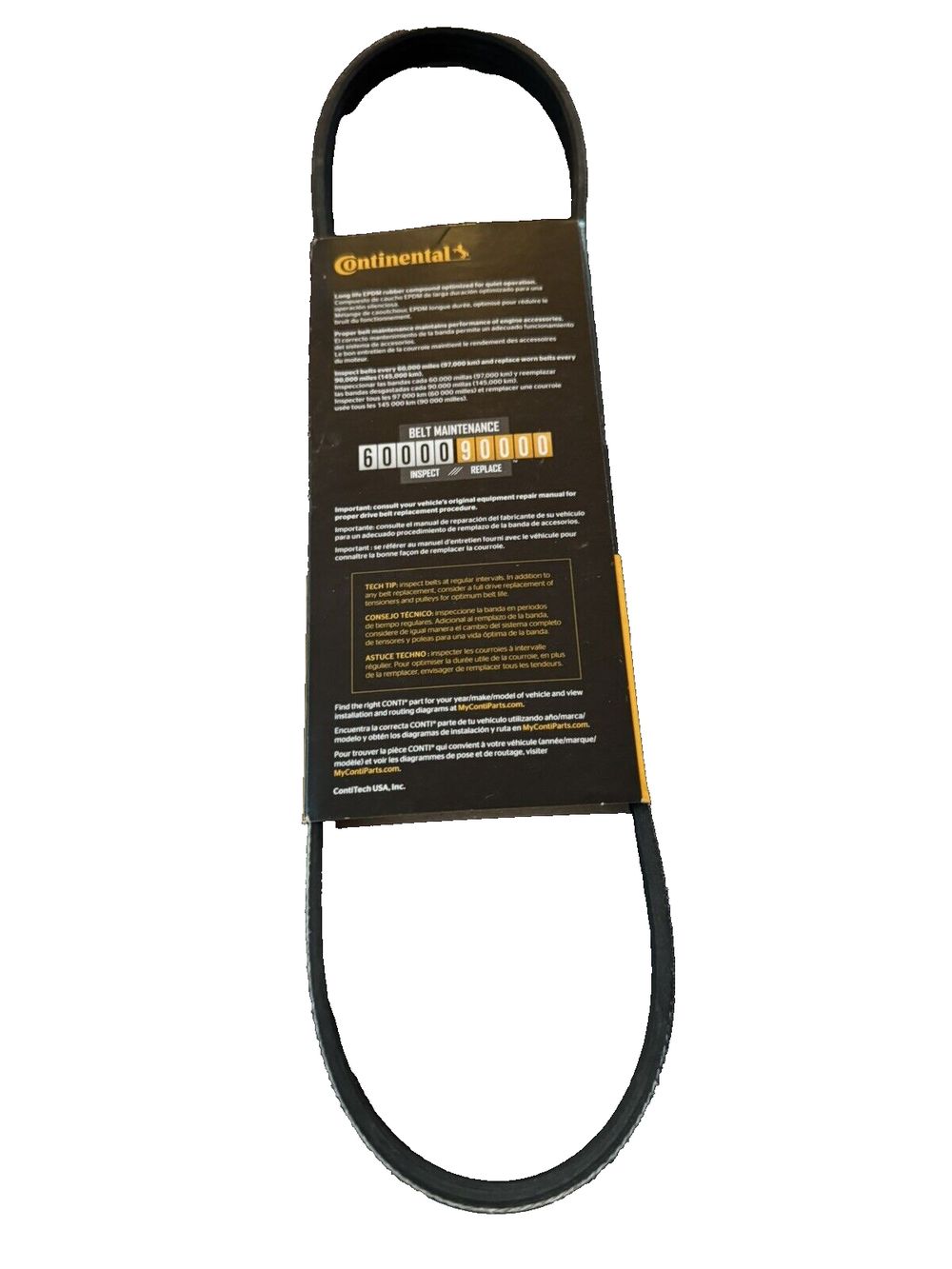 Continental OE Technology Series 4040332 4-Rib, 33.2" Multi-V Belt – a black belt with a yellow label on it