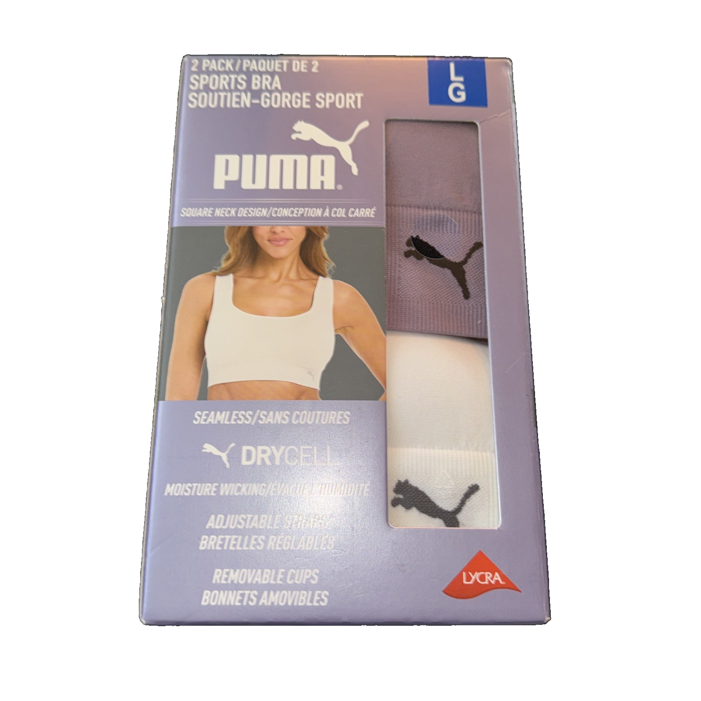 Puma 2 Pack Moisture Wicking Sports Bra Colors Purple and White Size Large
