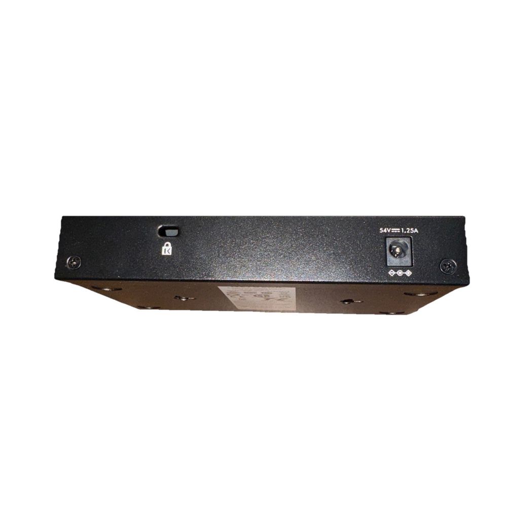 Netgear GS305PV3 5-Port Gigabit Ethernet Unmanaged POE - No Power Cable – a black metal shelf with a white background