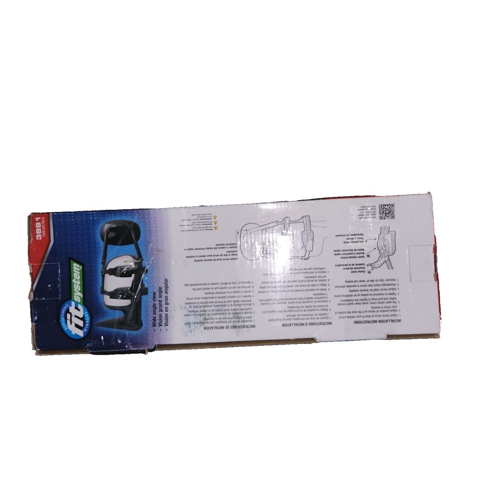 Fit System 3891 Deluxe Universal Clip-on Trailer Towing Mirror – a box of a black and white box with a white and blue box