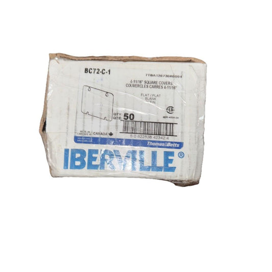 BC72-C-1 4-11/16IN SQUARE BLANK FLAT CVR 50 Pack, IBERVILLE – a white plastic bag with a blue label on it