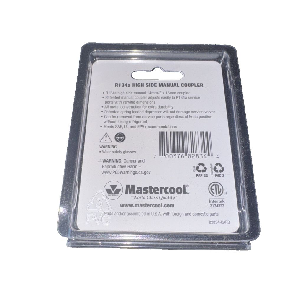 Mastercool High-Side Coupling Adapter 14mm-Fem x 16mm R134a Refrigerant – a small plastic card with a white label