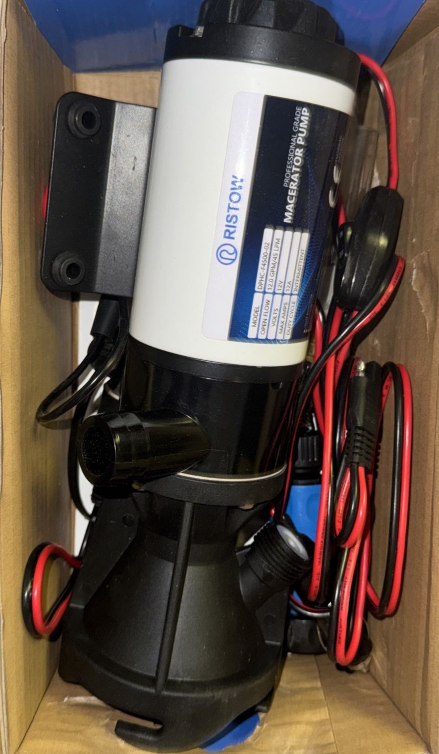 RISTOW RV Macerator Pump 12V, 12GPM RV Waste Water Pump Self-Priming – a box with a motor and wires inside