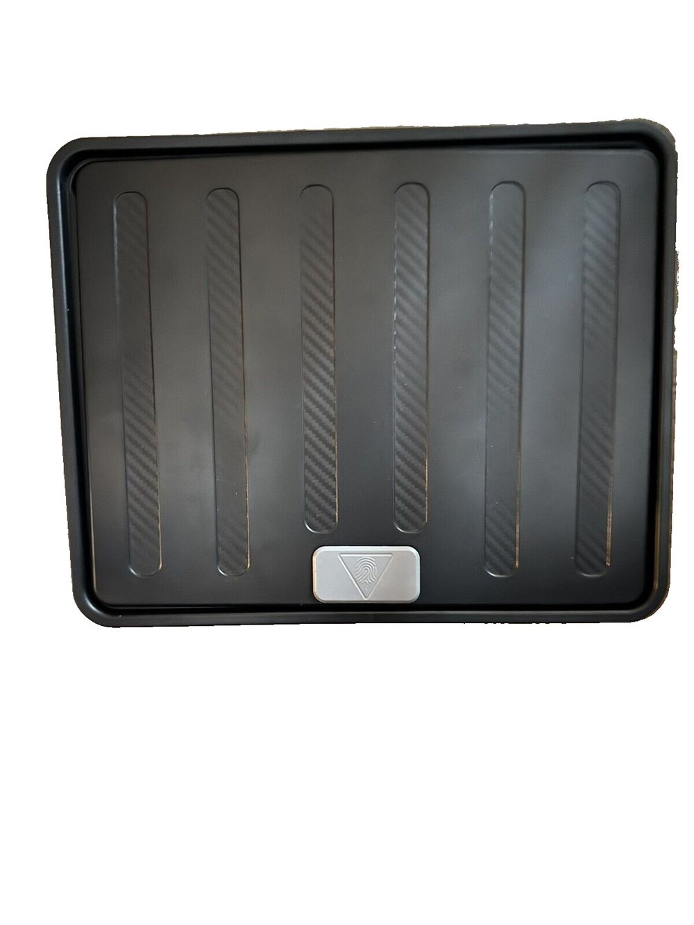 Trash Can fit Tesla Model Y,Rear Center Console Organizer Backseat Storage Box, Unbranded – a black tray with a metal handle
