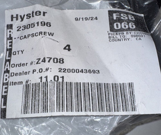 Hyster 2305196 BOLT - HEX HY2305196 4 Pack – a white label on a plastic bag