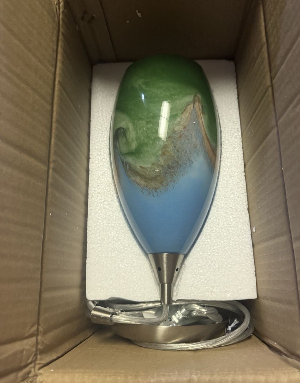 Geologic 10077/1 Satin Nicket Mini Pendent – a green and blue glass in a cardboard box