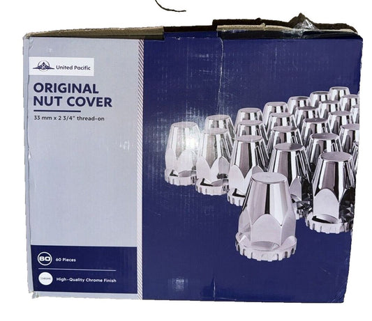 United Pacific 10064Cb - Wheel Lug Nut Cover Set - 33Mm X 2 3-4" Chrome 60 Pack – a box of silver metal nut covers