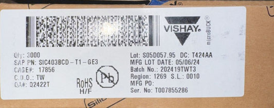 Vishay Siliconix SIC403BCD-T1-GE3 32-PowerWFQFN 3000 Quantity – a box with a label on it
