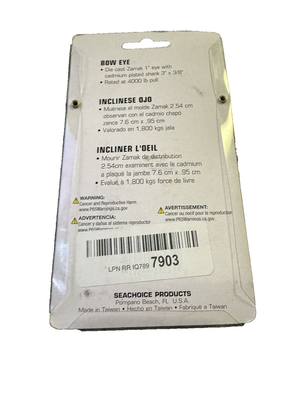 Seachoice Single Shank Bow Eye for Tow Lines or Boat Trailer Winch Hook, 3 in. – a white label with a bar on it