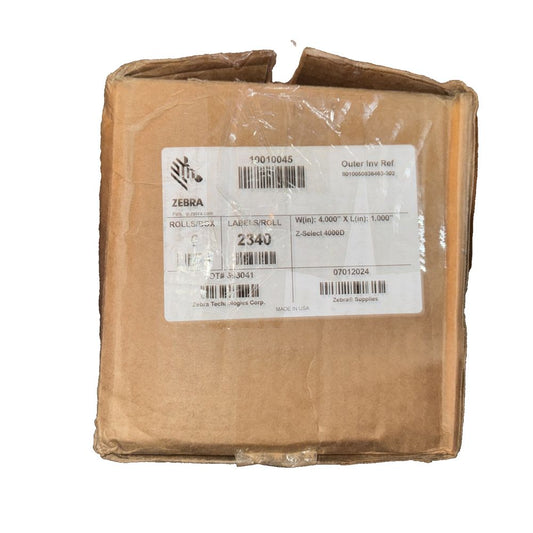 10010045 - Zebra 4" x 1" Z-Select 4000D Label (Case) – a box of brown paper with a label on it