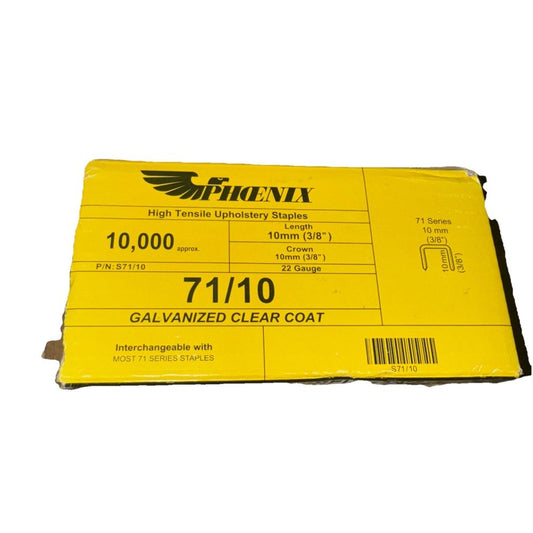 Phoenix High Tensile Upholstery Staples 10mm 22 Gauge 71/10 10000 pack – a box of yellow staples staples
