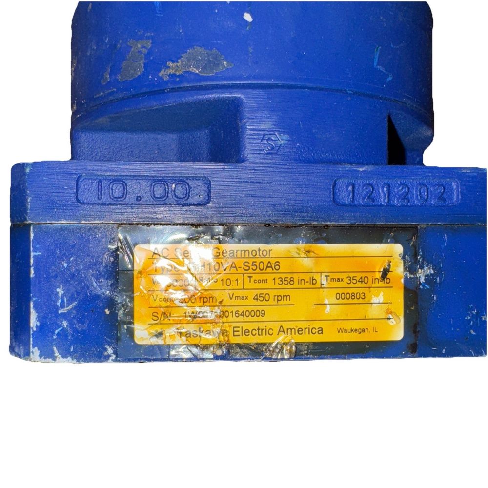 10801 YASKAWA AC SERVO GEARMOTOR SH10VA-S50A6 – a blue plastic ball valve with a yellow label