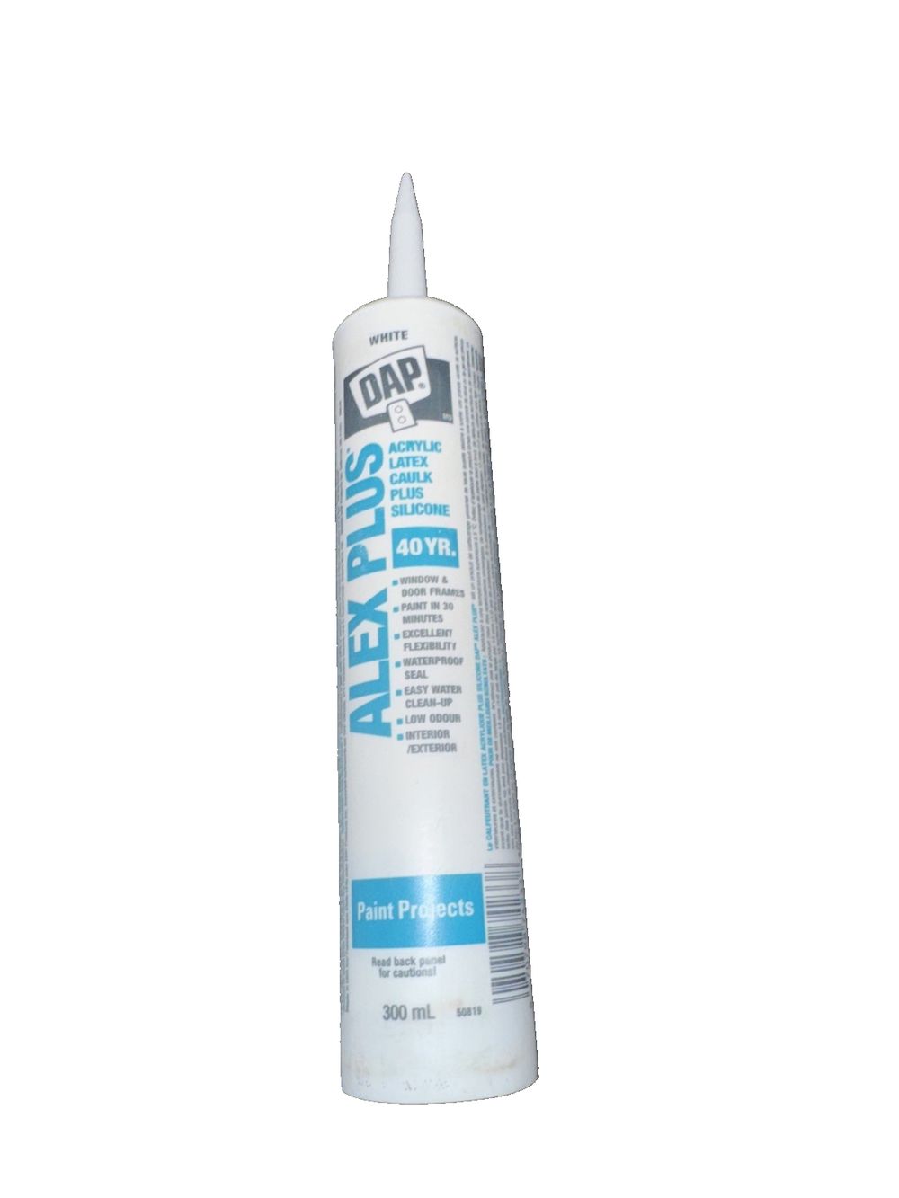 DAP ALEX PLUS® All-Purpose Acrylic Latex Caulk Plus Silicone White 300 mL – a tube of glue for a white plastic tube