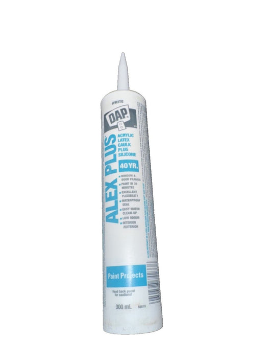 DAP ALEX PLUS® All-Purpose Acrylic Latex Caulk Plus Silicone White 300 mL – a tube of glue for a white plastic tube