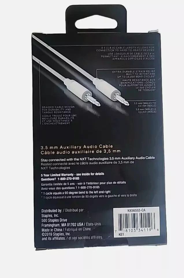 NXT Tech 6 Ft. Braided 3.5mm Stereo Aux Audio Cable - Durable & Tangle-Free – a white cable in a packaging