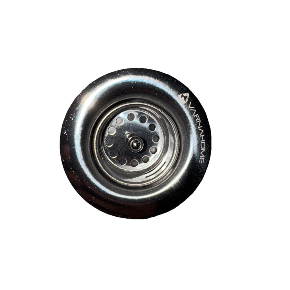 Varnahome Junior Duo Bar Stainless Steel Strainer Assembly – a black metal button with a white background
