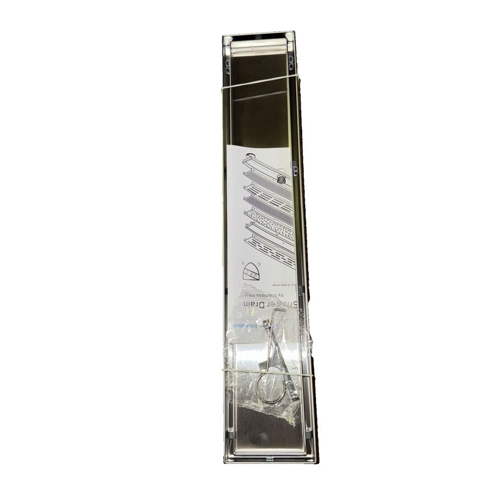 Cohen 439014SS Brushed Stainless Steel 18" Linear Tile-in Shower Drain – a silver metal bookmark with a clear cover