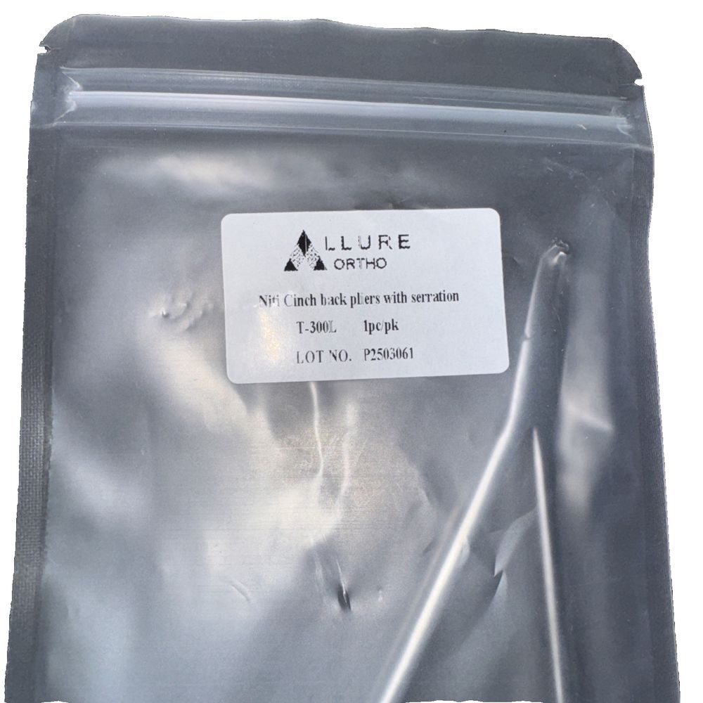 Allure Ortho T-300L Niti Clinch Back Pliers With Serration – a bag of blue powder