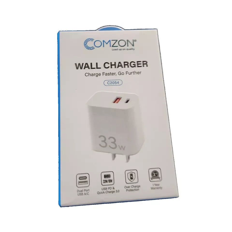 Fast USB PD 33 watt & QC3 18 watt Wall Charger Comzon, Type-C and A Ports, Unbranded – a white wall charger with a box