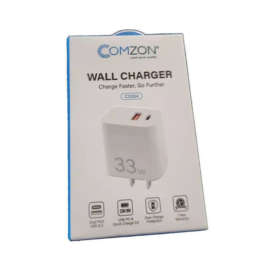 Fast USB PD 33 watt & QC3 18 watt Wall Charger Comzon, Type-C and A Ports, Unbranded – a white wall charger with a box