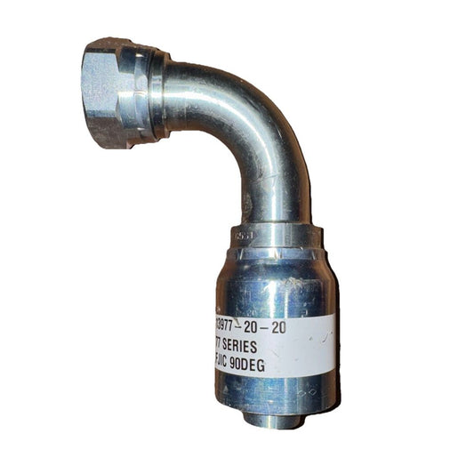 Crimp Style Hydraulic Hose Fitting – 77 Series Fittings Part #: 13977-20-20, Parker – a stainless pipe with a white background