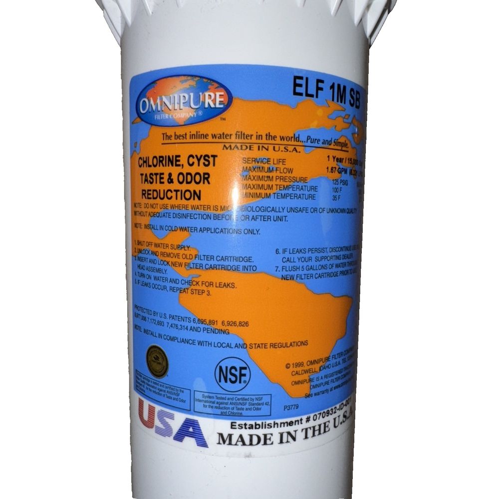 Omnipure ELF- 1M SB Series 5 Micron Carbon Block Water Filter – a white plastic container with a blue label on it